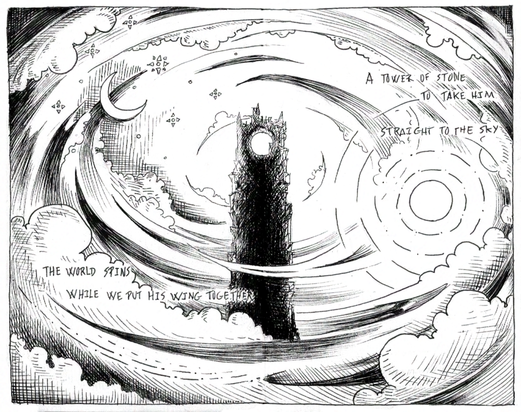 ink pen comic book spread of tower