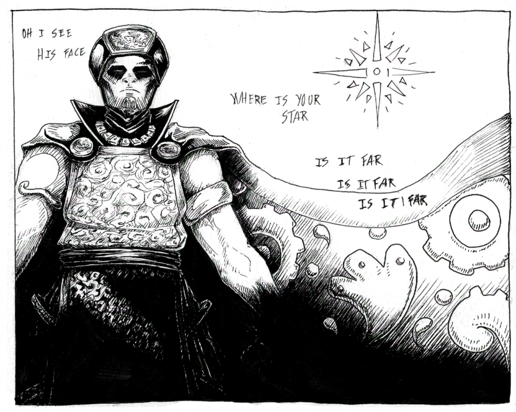 comic book spread in pen and ink representing a wizard