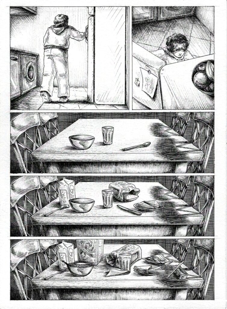 ink pen comic child making dinner