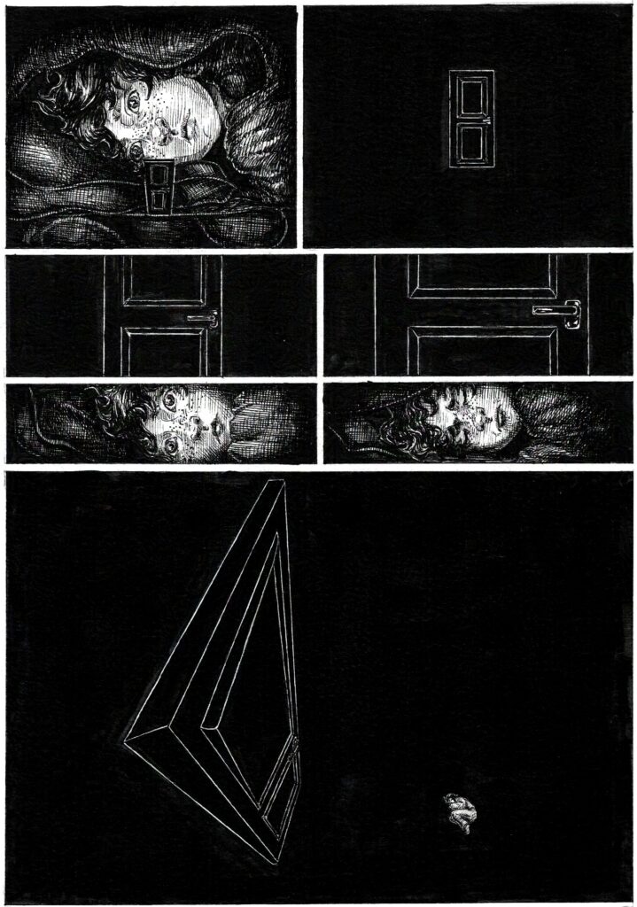 ink pen comic book page child door