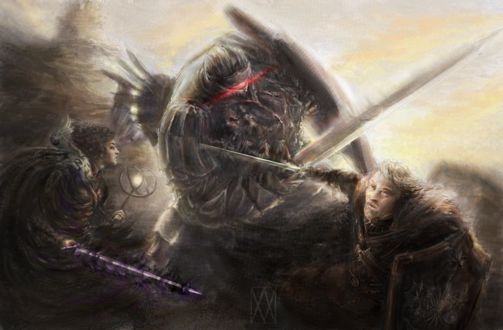 pursuer from dark souls fighting two characters