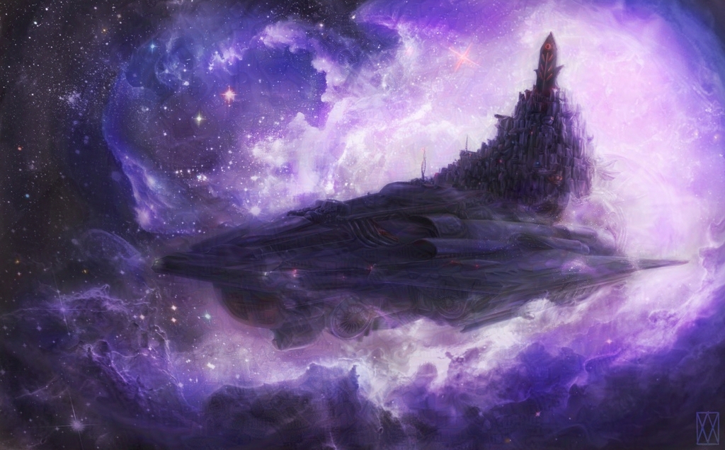city spaceship emerging from nebula