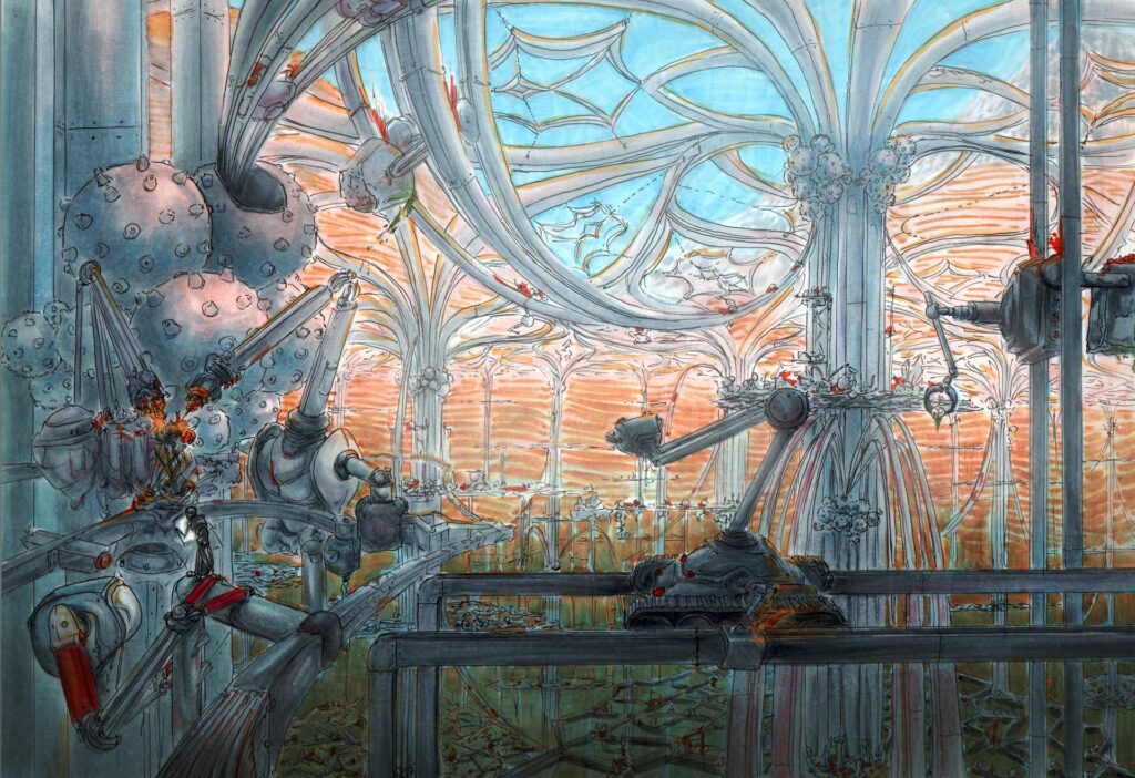 ink pen and copic concept art of automated futuristic mine