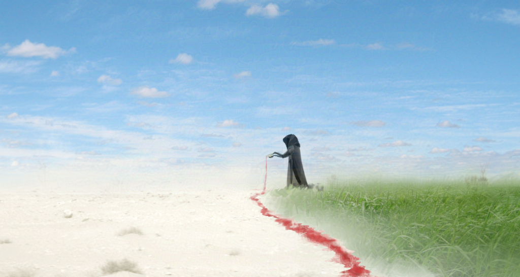 figure pouring blood on the border of salt desert
