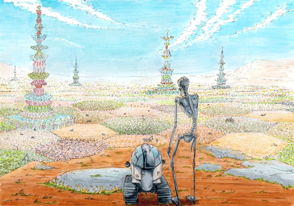 ink pen and copic illustration of a human-less future run by robots