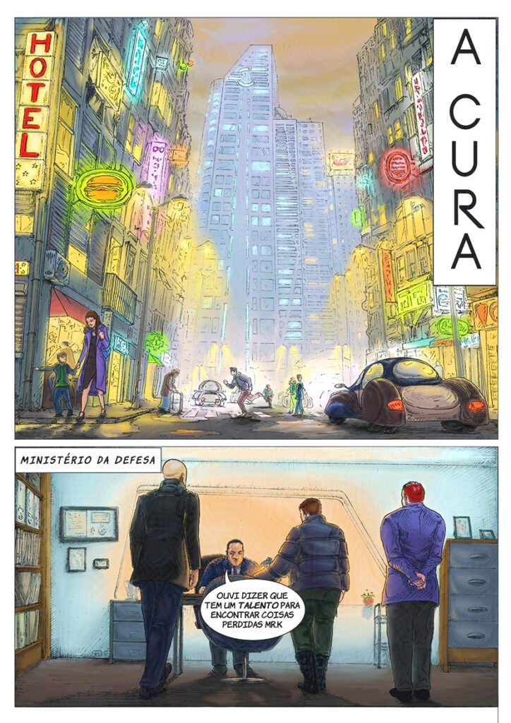 comic book page of futuristic city