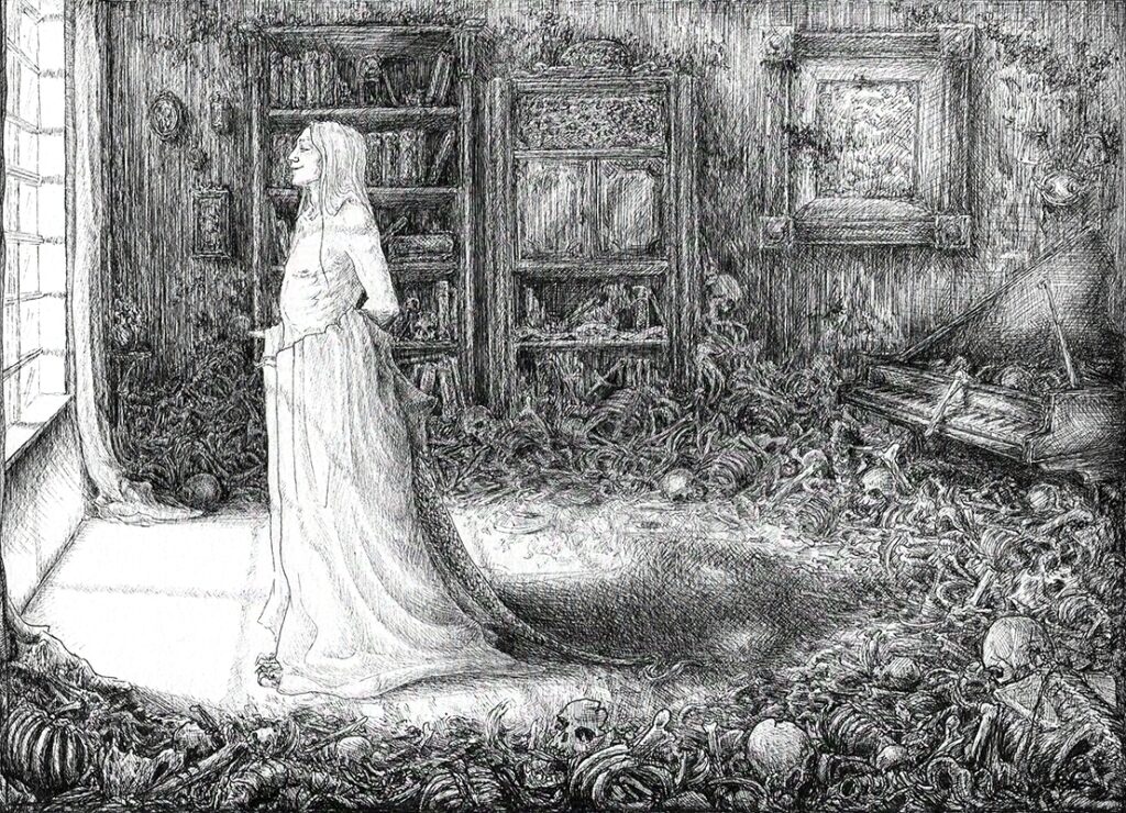 ink pen illustration of a necromancer's layer