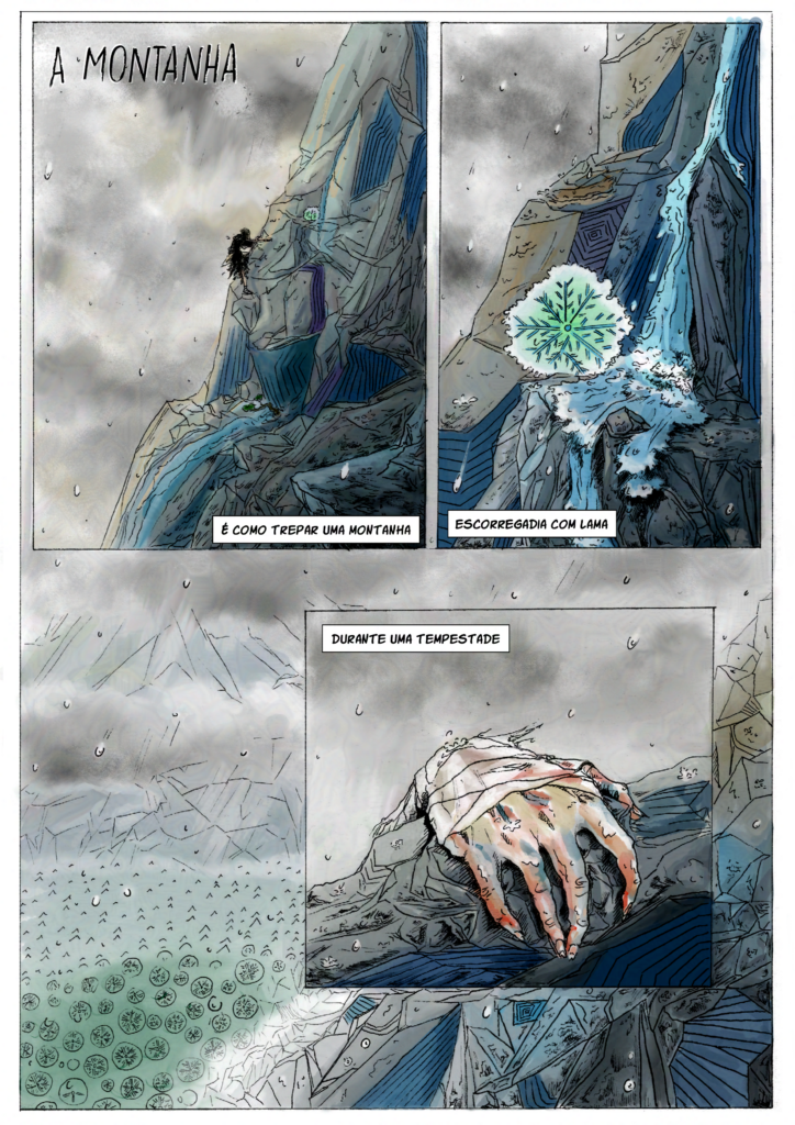comic book page of woman climbing mountain