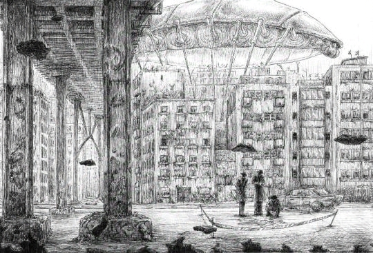 ink pen illustration of an alien walking over a city