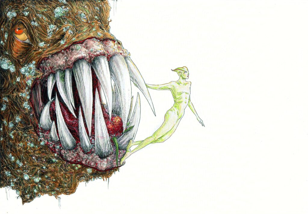 pen ink and copic illustration of a swamp monster and a fairy