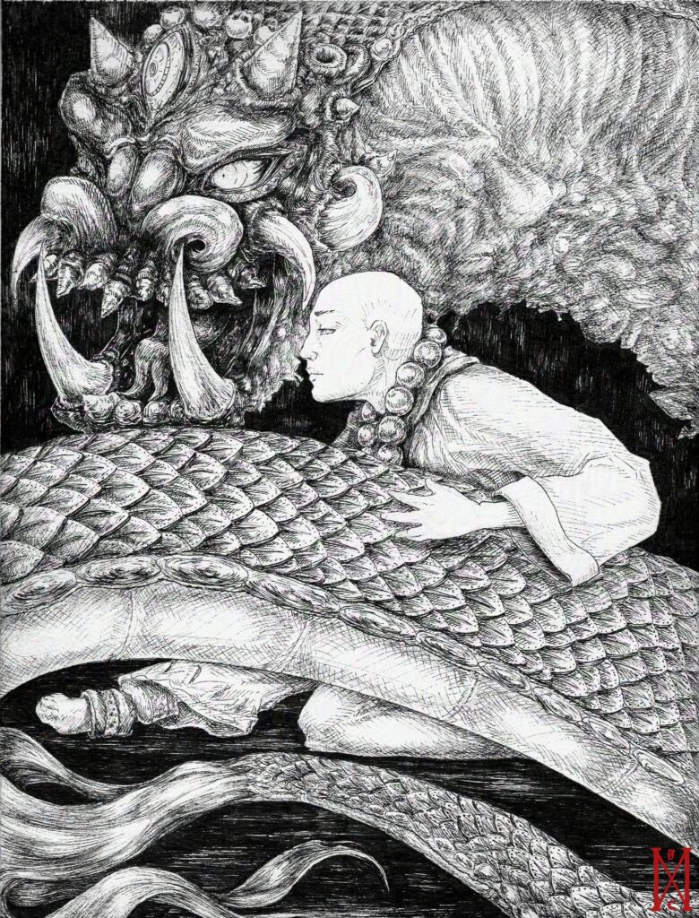 ink pen illustration of a dragon tamer