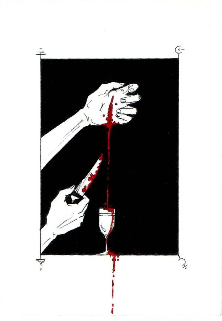 person cutting own hand to bleed onto glass