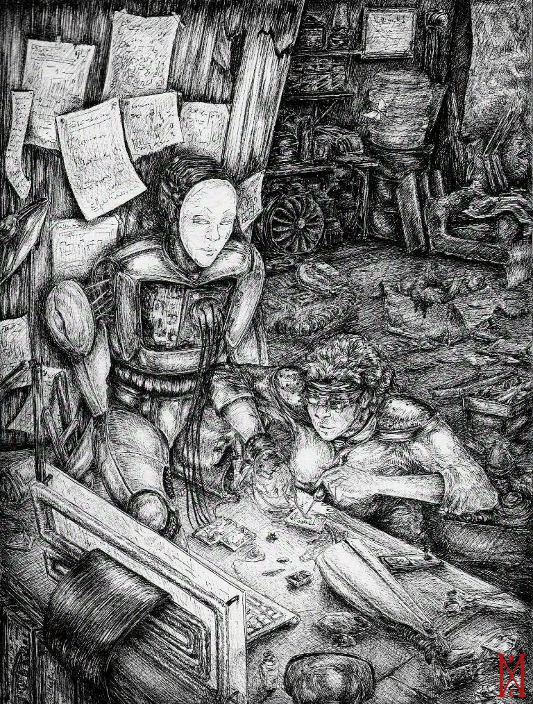 ink pen illustration of a scientist building a robot