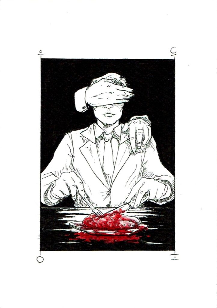 man eating raw human heart
