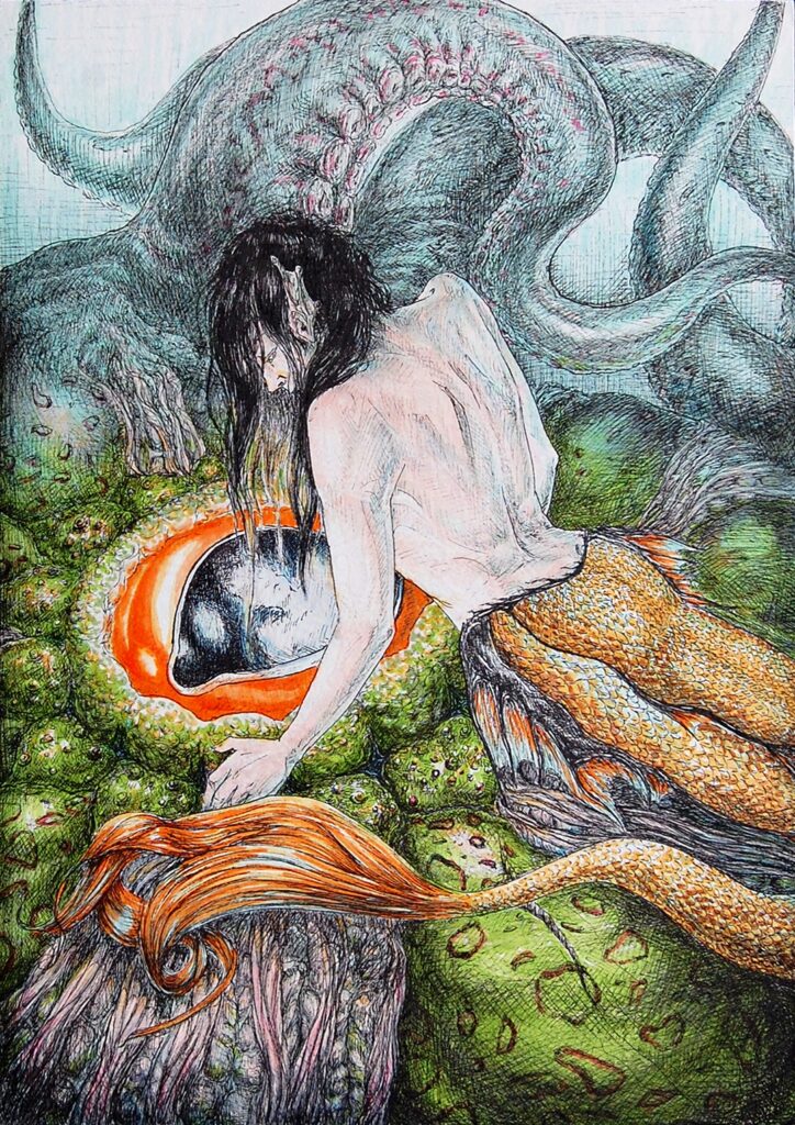 ink pen and copic illustration of a mermaid