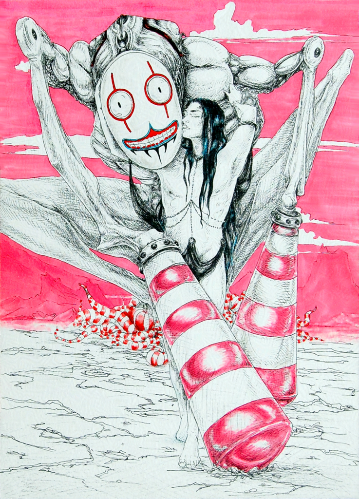 ink pen and copic illustration of a creepy clown