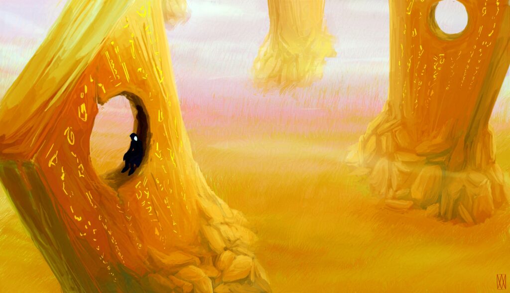 concept art of stone field with glyphs