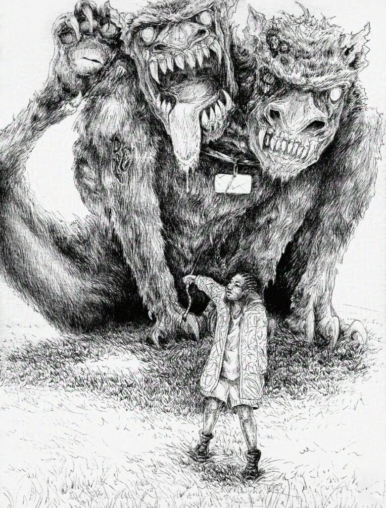 ink pen black and white illustration of two headed giant dog and child