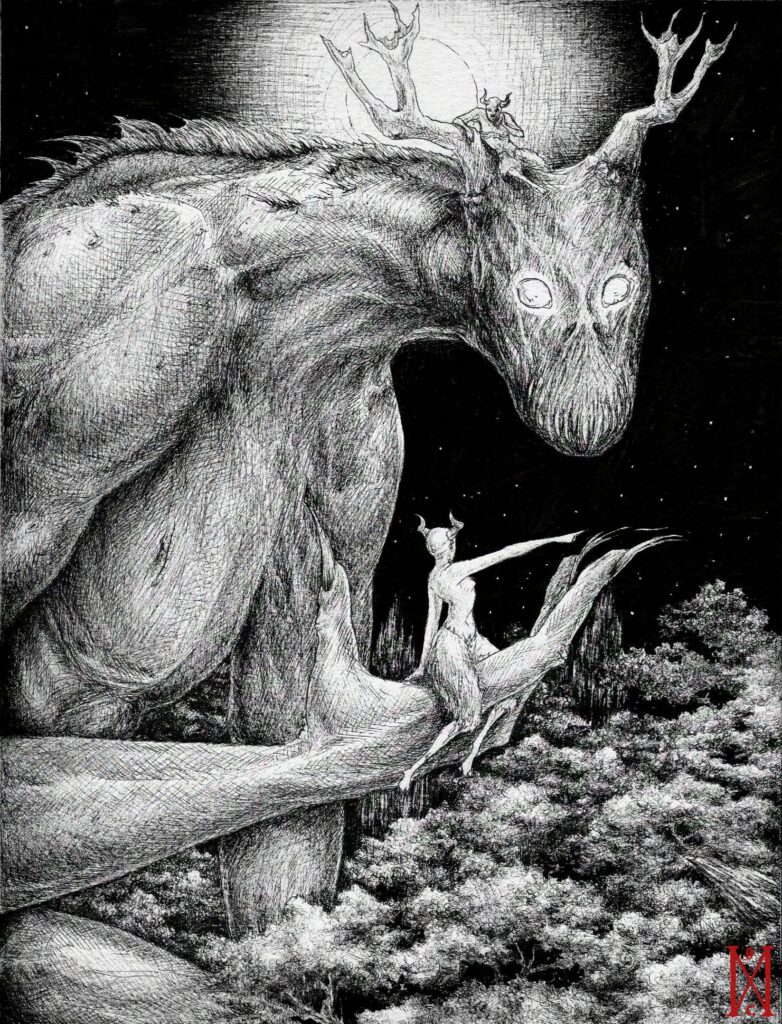 ink pen black and white illustration of forest creatures