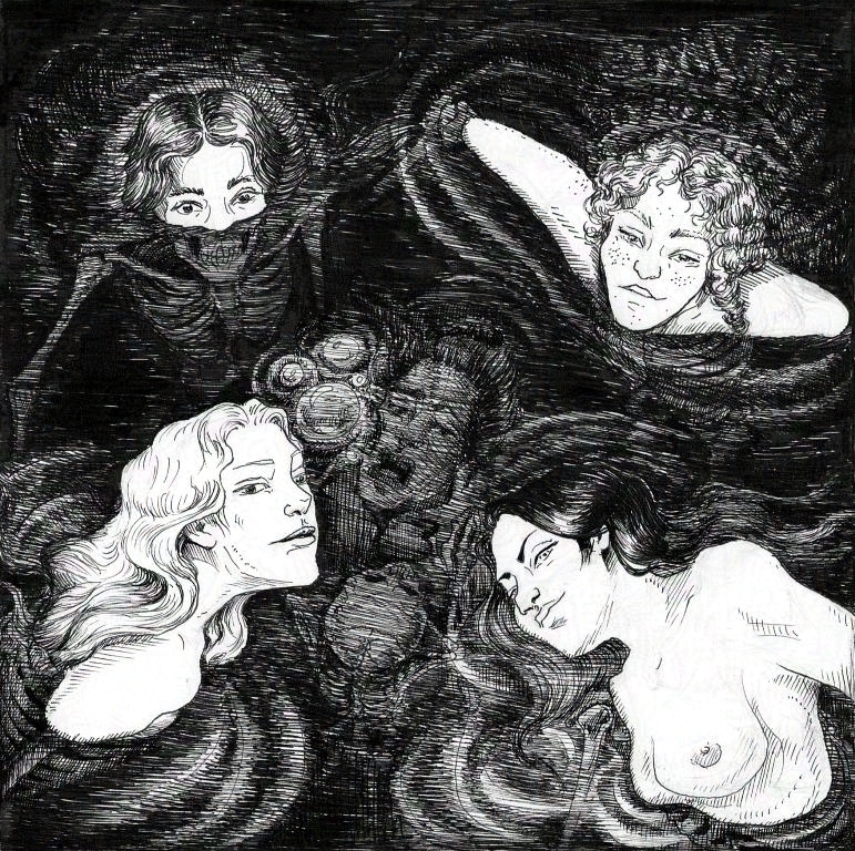 four mermaids taking a selfie while a sailor drowns