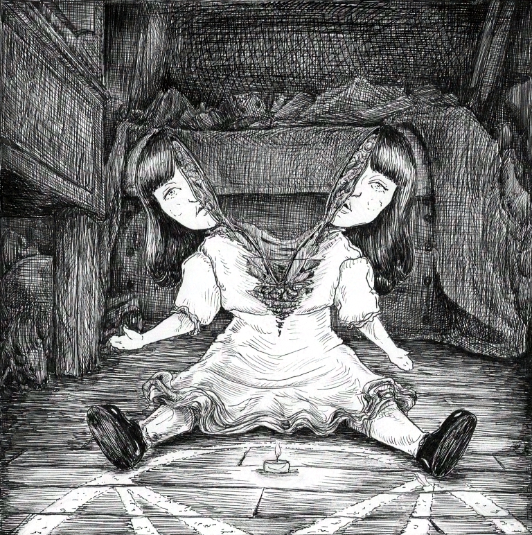 a doll being torn in half