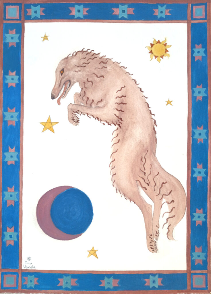 watercolor mystical illustration of a dog and the moon